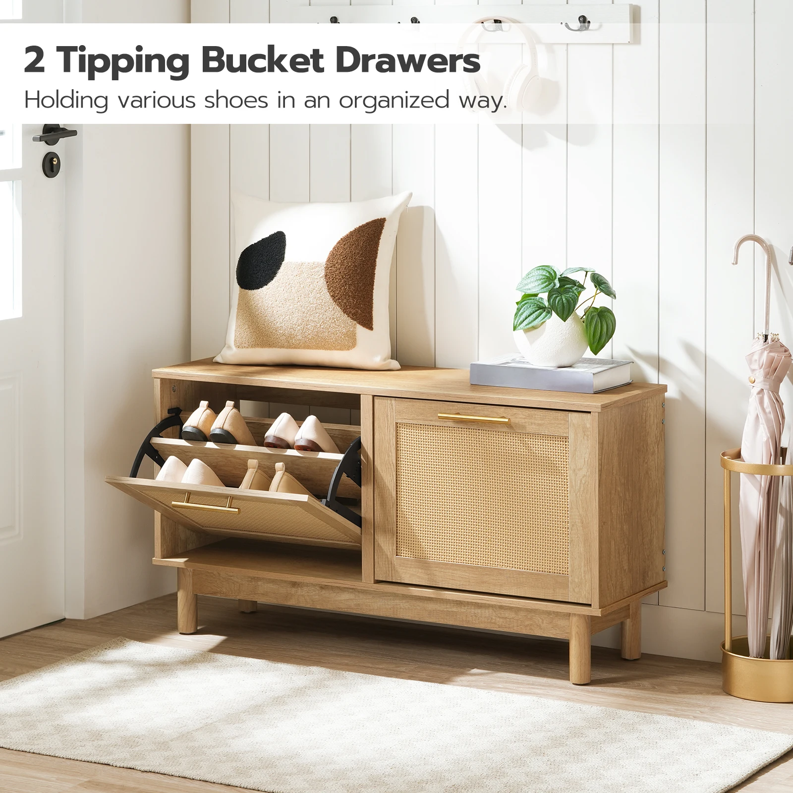 Modern Wooden Seated Shoe Cabinet With Flips 2 Layers Tipping Bucket Shoe Storage Cabinet Bench Shoe Rack With Seat For Entryway