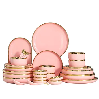 SYLWAN OEM Customized Ceramic Nordic style Solid pink Golden Rim porcelain Family tableware set for neighbor luxury gift