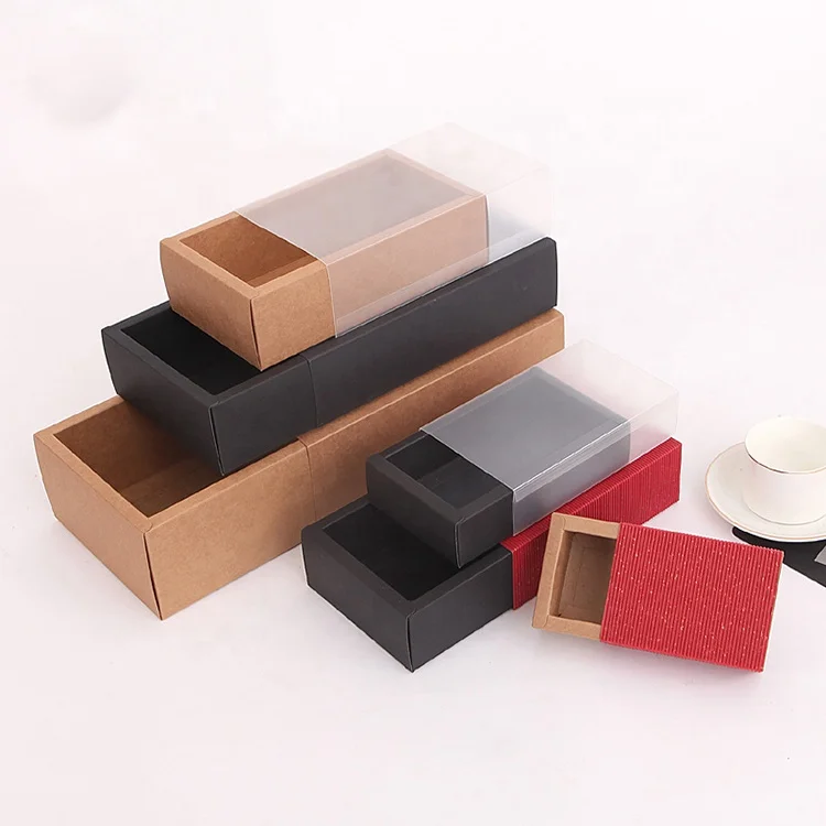 10 pièces boîte d'emballage en Papier Kraft avec fenêtre en PVC Transparent Noir tiroir délicat Affichage boîte-Cadeau Mariage Biscuit Bonbons boîtes à gâteaux