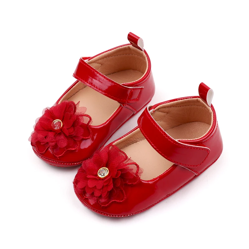 Spring and Autumn Pure Color PU Leather Veil Rhindiamonds Flower Princess Walking Shoes for Baby Girls factory