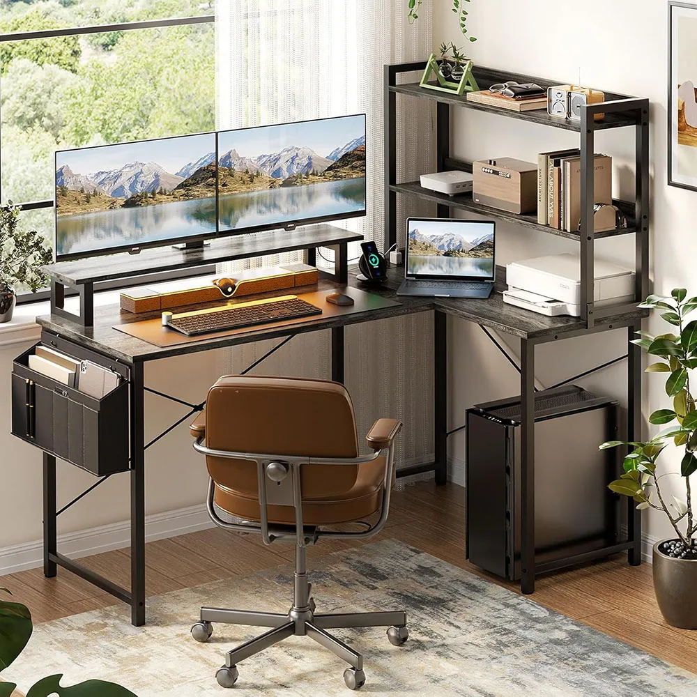 47-Inch L-Shaped Gaming Desk with Charging Station Portable Home Office Computer Table Black Oak Finish Includes Bookshelf supplier