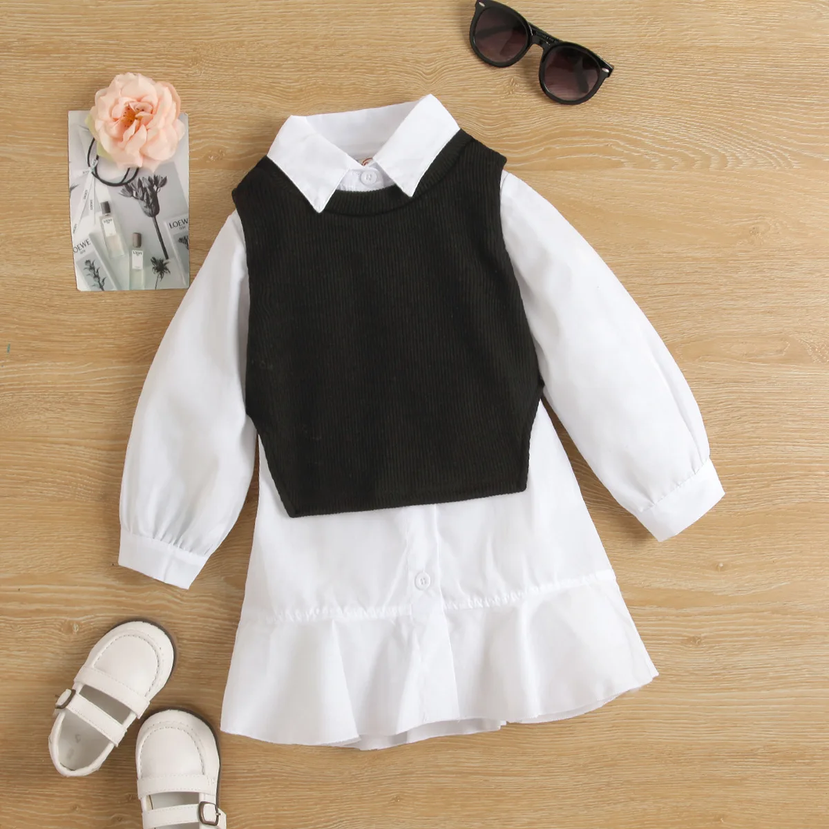 2023 Spring Girls Clothing Boutique Long-sleeved Ruffled T-Shirt Dress Blouse Knitted Vest 2pcs Baby Clothing Sets