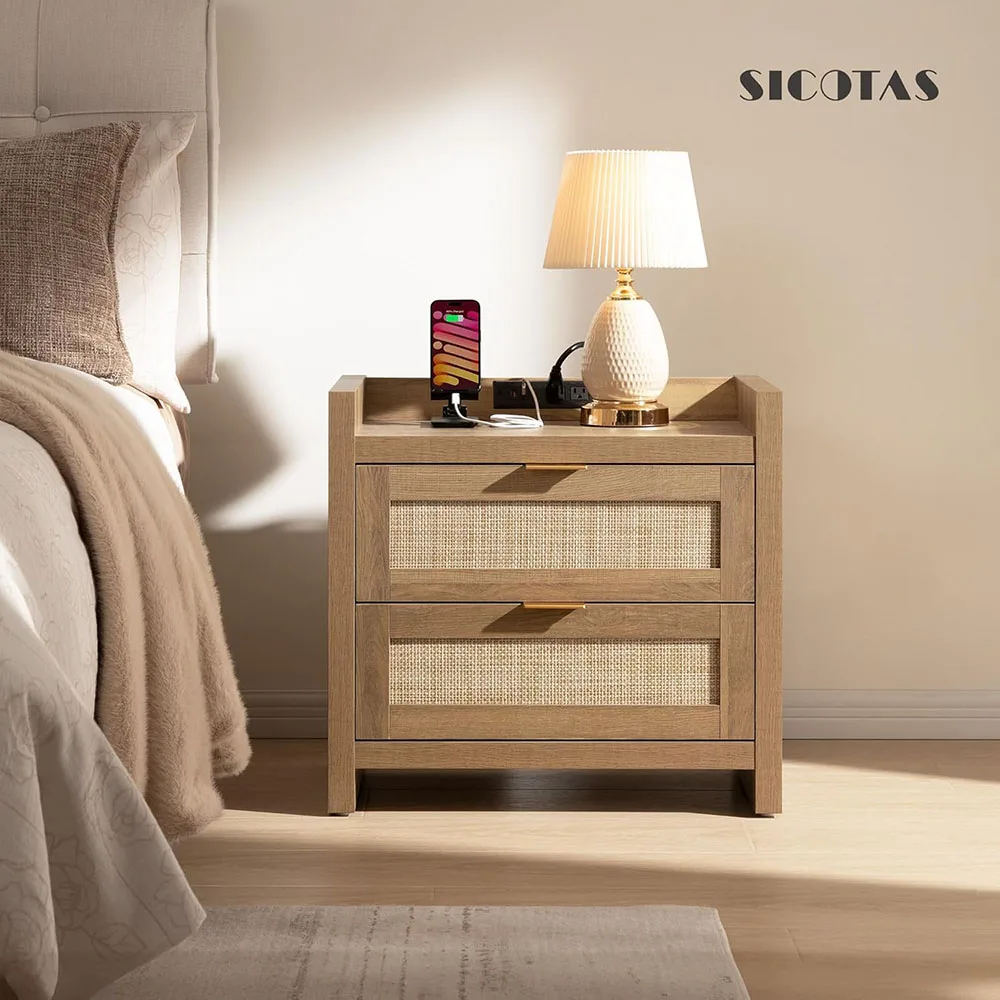 product modern nightstand type c charging station 2 drawers storage natural oak finish bedside night stand rattan bedroom furniture-3