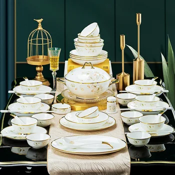 Bone China Tableware Bowl Plate Dish Spoon Chopsticks Hotel Dinner Supplier Gold Rim Ceramic Dinnerware Set Jingdezhen