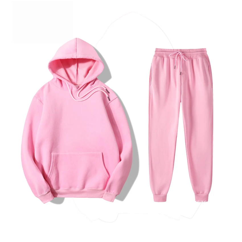 Unisex Solid Color Customize Logo Hoodies Set 2pcs Big Pockets Leisure Comfortable High Quality Hoodie And Jogging Pants Set