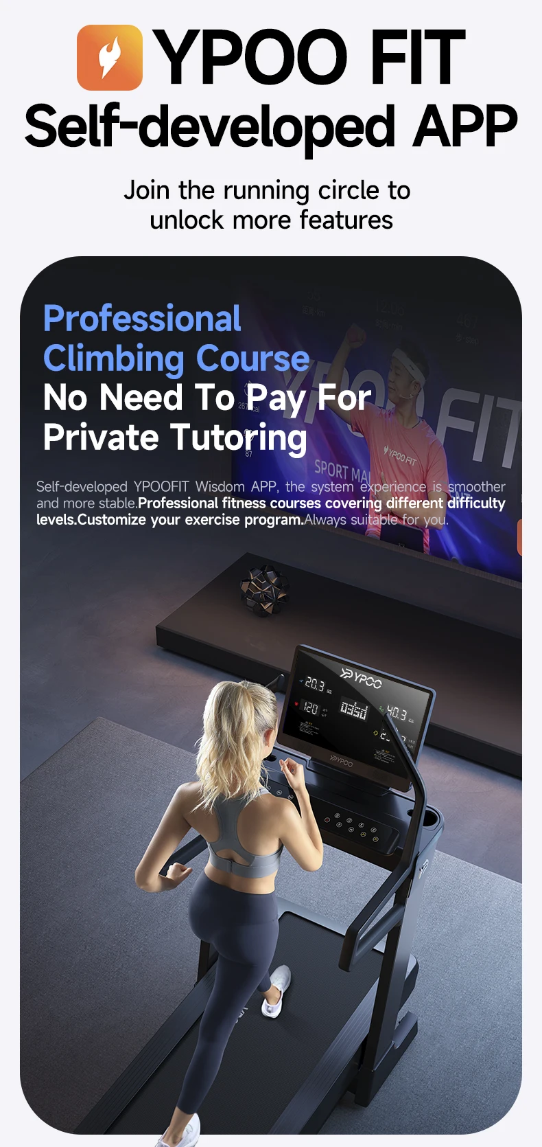 YPOO New OEM&ODM Manufacture Treadmill Home Semi Commercial CE ROHS Approved R Home Motorized Treadmills with App