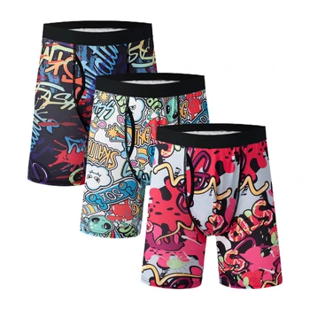 3PCS men's underwear printed ice silk high-waisted mid-length breathable and comfortable daily outdoor men's boxer briefs