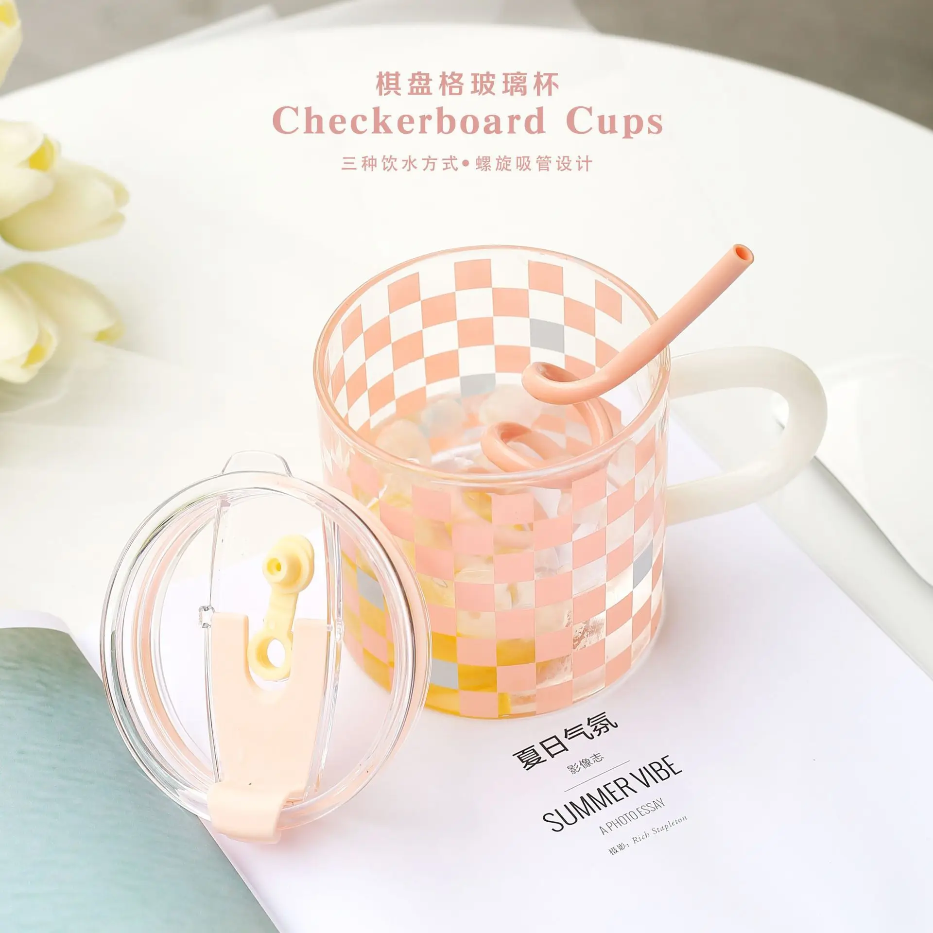 Checkerboard handle cup colorful high boron heat-resistant glass cup  glassware tumblers large-capacity  with handle and straw
