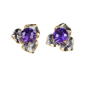 Italian Handcrafted 925 Silver & Gold Plated Amethyst Set Stylish Original Design Fine Stud Earrings for Women