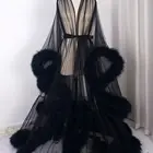 Fur Plus Size Long Sleeve Fur Mesh Sheer Lingerie Feather Bride Robe
