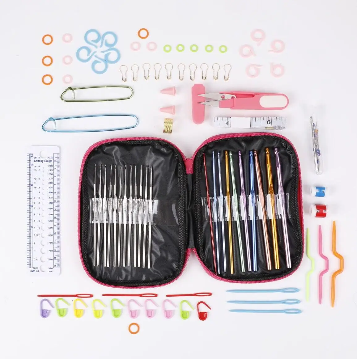 Wholesale Supplies 100pcs DIY Aluminum Crochet Kit With Yarn Knitting Needles Sewing Kit Tools Crochet Hook Set