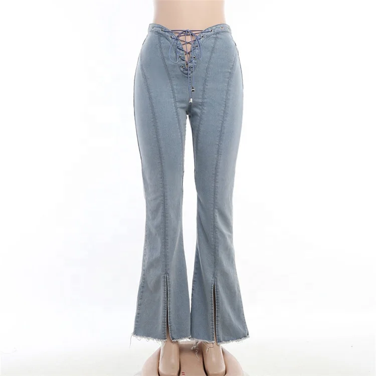 Jeans Bandage Hollow Out Vintage Women Denim Pants Skinny Spilt Leg Straight Trousers
