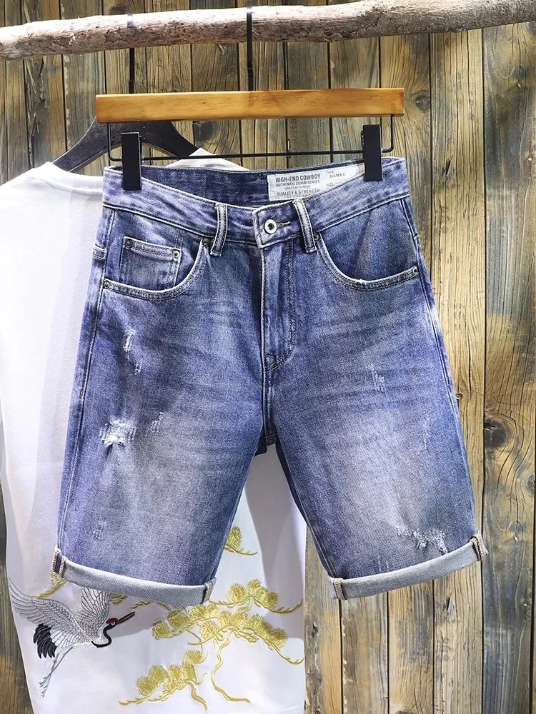 High quality jeans shorts Men's summer stretch denim pants boys short pants Young jeans fit skinny breathable Five trousers