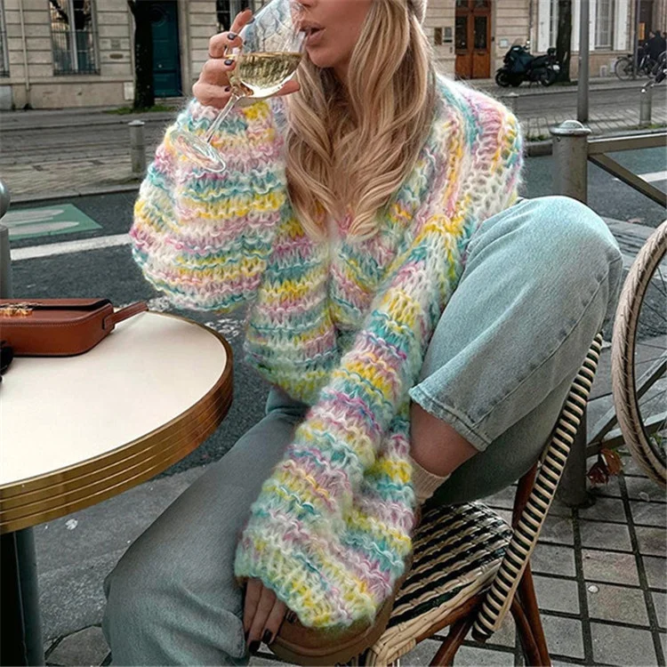 Autumn Sexy Colour Fashion Loose Knitted Sweater For Woman 2023 Street Long Sleeve New Cardigan
