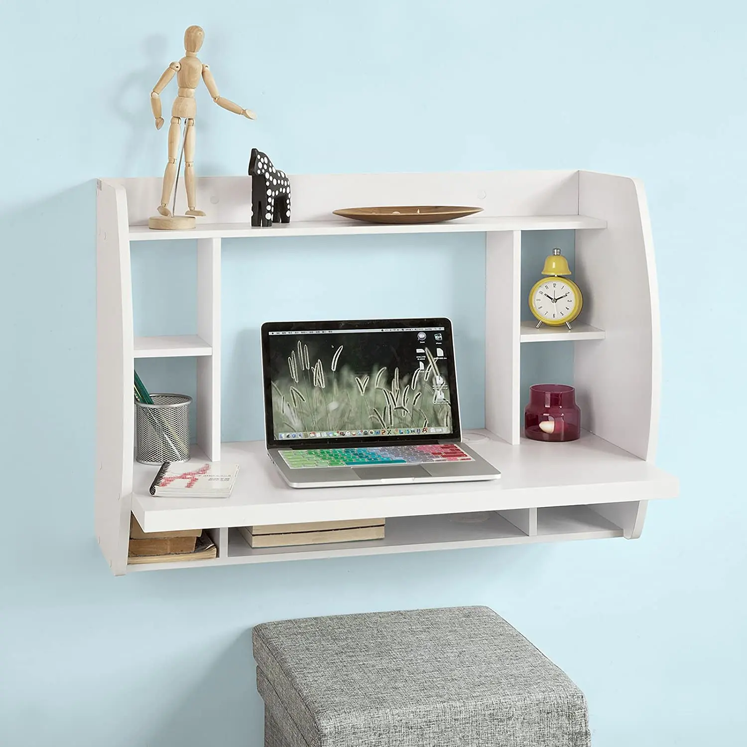 Floating simple design workstation computer desk with storage shelves for home and office furniture