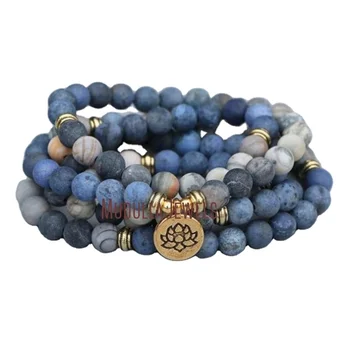 WMB36412 Blue Picasso Jasper Stone Healing Bracelet Spiritual Protection Meditation Balance Mental 108 Mala Lotus Necklace