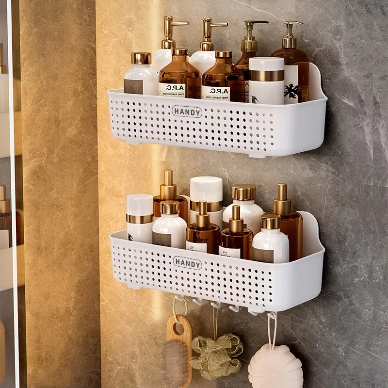 Modern Plastic Storage Basket with Wall-Mounted Rack Rectangle Shape for Daily Use in Kitchen and Bathroom