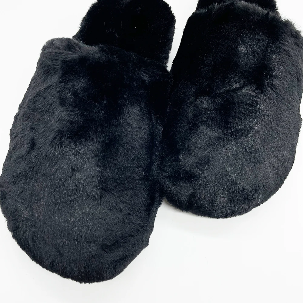 Autumn and winter non slip warm thick soled indoor cotton slippers black rabbit hair women's shoes