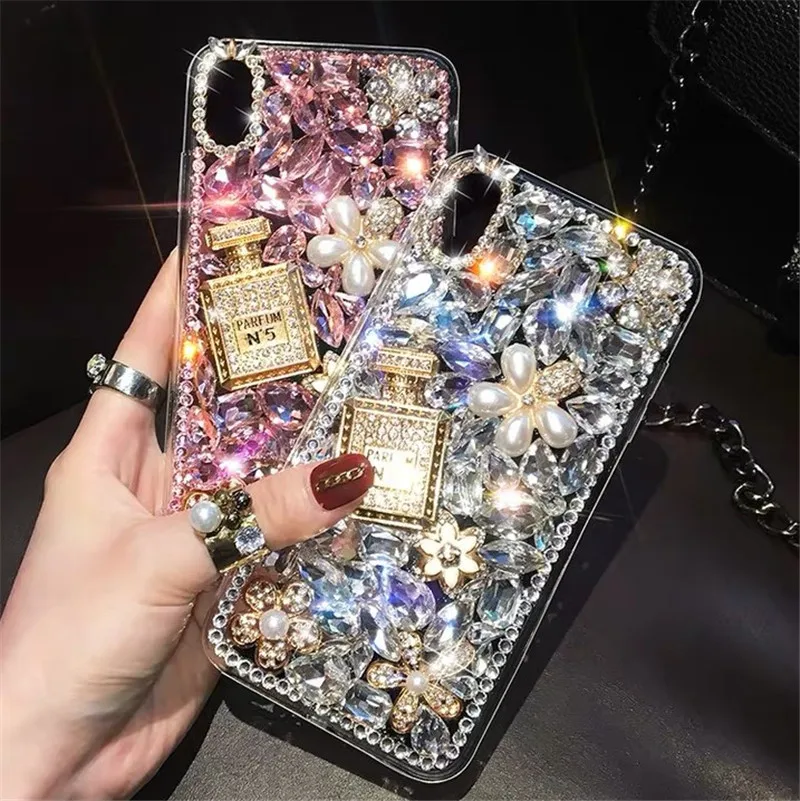 Luxury Lady Rhinestone Pearl Flower Phone Case Covers for iPhone 12 13 mini 14 15 Samsung S24 S23 A13 A14 A25 A34 A54