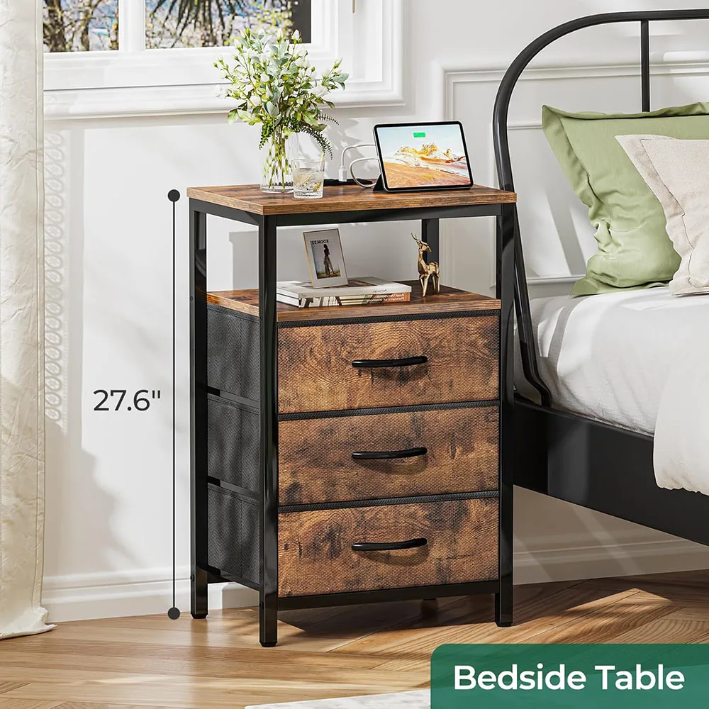 Modern Classic Nightstand Bedside Table with Fabric Drawers Charging Station End Table Side Table USB Ports Outlets Home Use manufacture