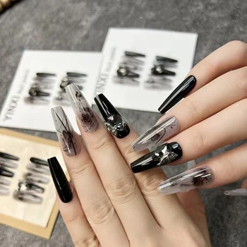 2024 Chinese-Style Landscape Ink Painting Diamond-Decorated French Design Wearable ABS Nail Pieces for Fingers Black Rose Style