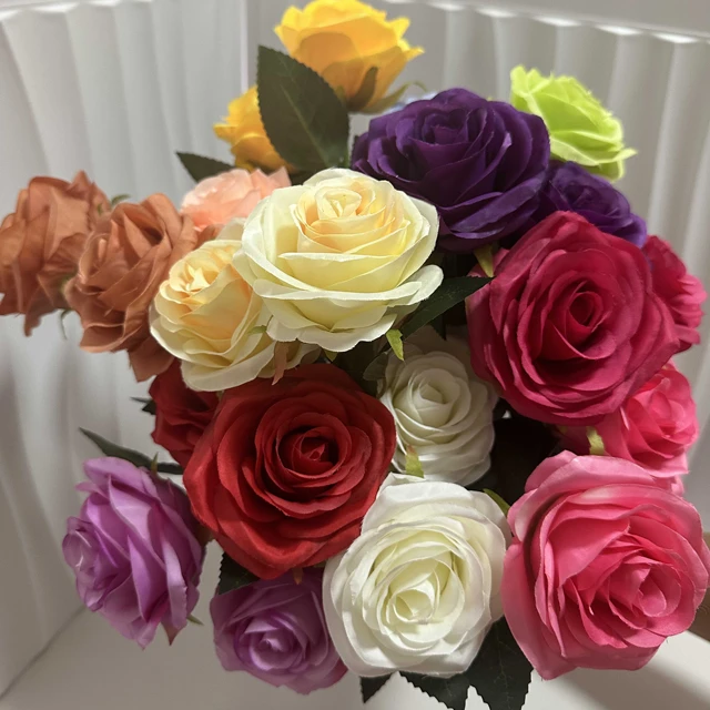 Hot Sale Two-Head Roses Real Touch Silk Artificial Flowers Bouquet Popular Back School Decoration Bulk Featuring Realistic Leaf