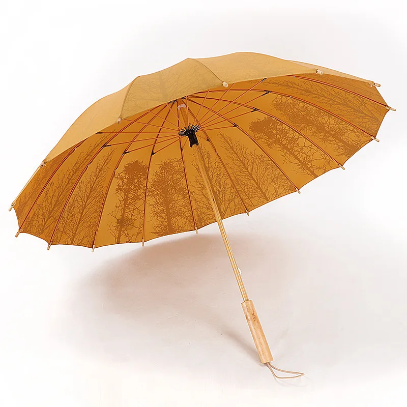 WHY417 Wooden Handle Straight Umbrella Double Sunshade Rainy Umbrella Customize Logo Advertising 16k Windproof Umbrella