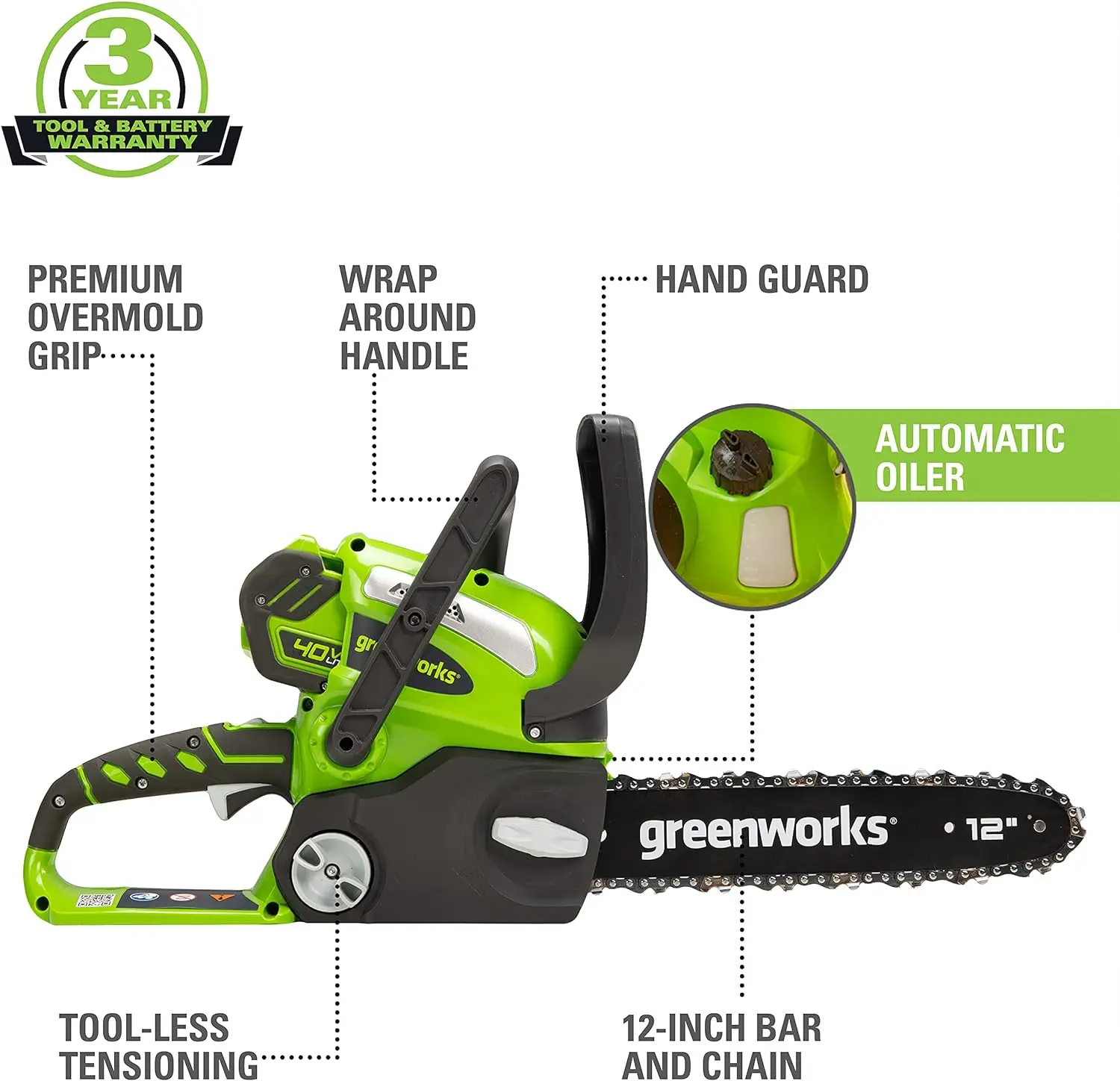 Greenworks V Inch Cordless Compact Chainsaw With Ah Battery And