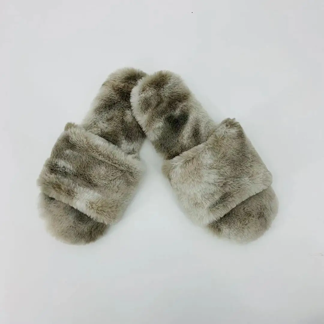 High Hope Grey Women's Cross Band Furry Slippers House Shoes Indoor Comfortable Rabbit Faux Fur Slipper