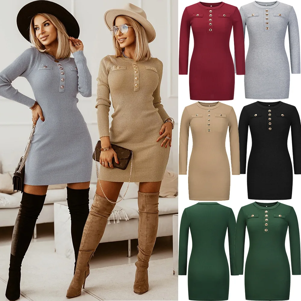 YingTang american Clothing Trend Autumn Solid Multi Color Ribbed Knit Round Neck Bodycon Pencil Sexy Dress winter clothes for