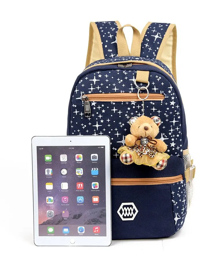 New 3pcs/set Of Children's korean Fashion casual school bags Girls Star Printing canvas Teen Backpack School Bags