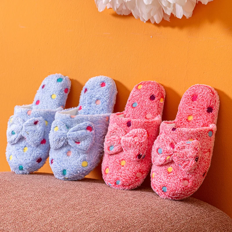 MB1 Women's Winter Bow Cotton Plush Slippers Girl Home Indoor Non-slip Plush Shoes Female Winter Warm Slippers For Women