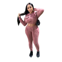 2023 New arrival Women Winter Clothes Crop top Jogger Suit  2 Piece Set Casual Outfits Solid Two Piece Pants Set with Pockets