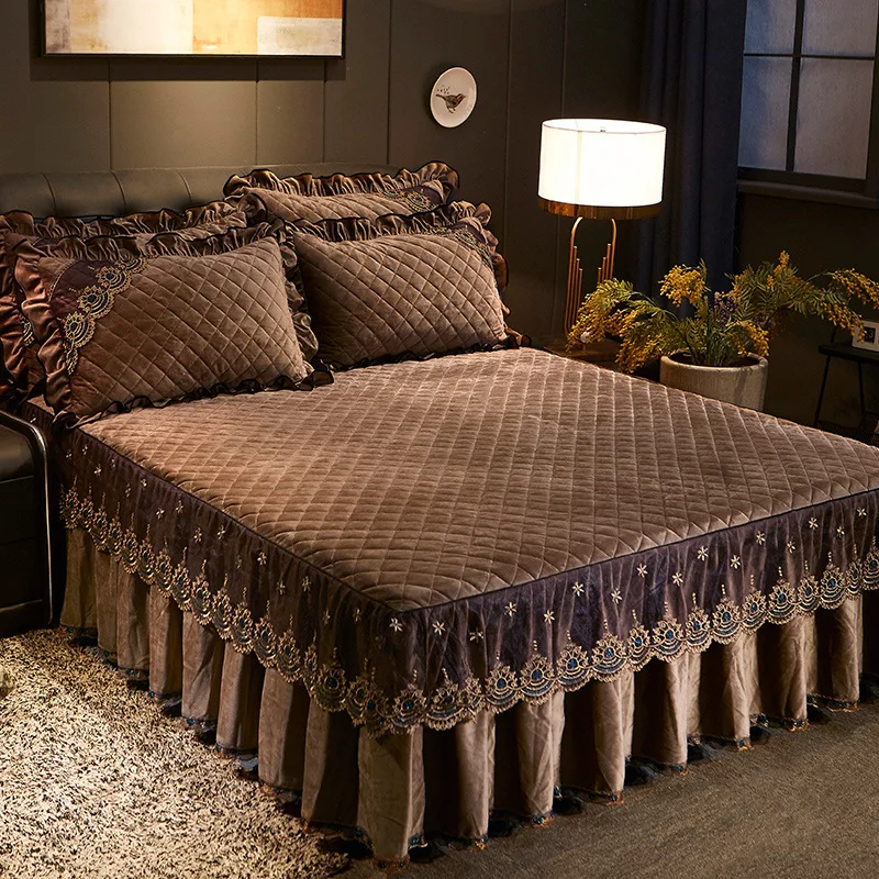 Luxury European Bed Skirt With Pillow Cases Home Full Size Lace Velvet