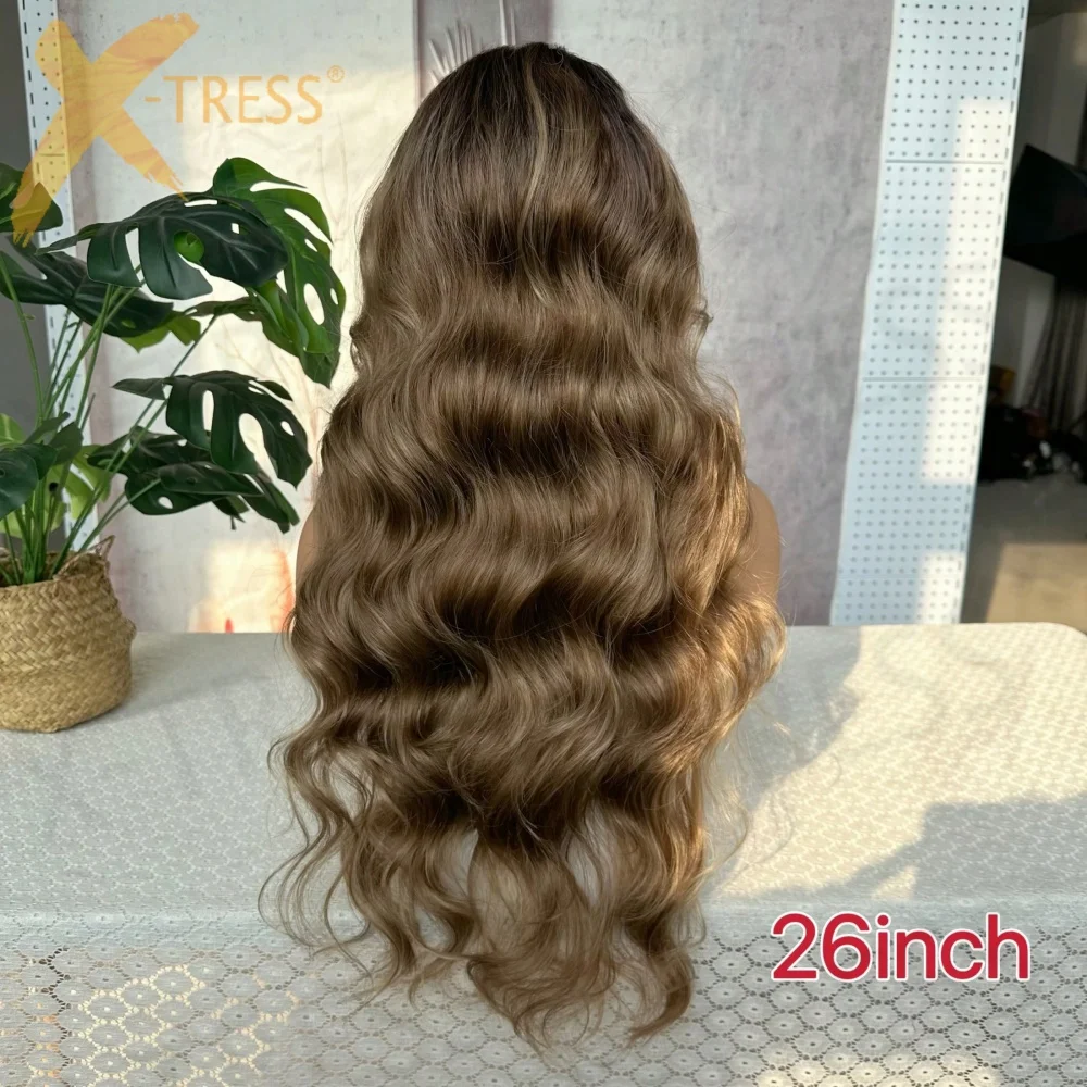 Elegant Copper Ombre Highlight Loose Body Wave Wig 13*6 Ombre 1B/30 Black Brown Transparent Lace Synthetic Blend Hair Fiber Wigs