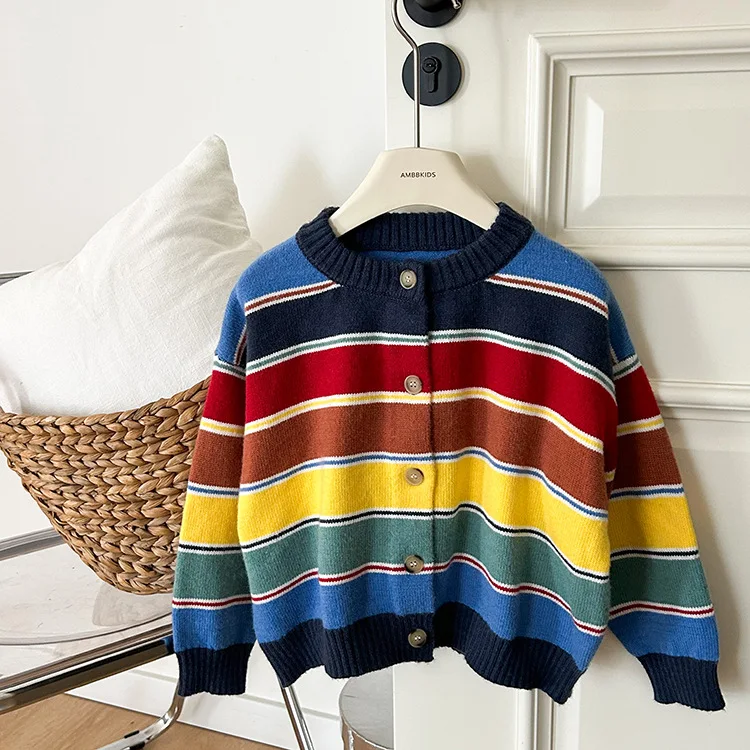 Boys' knitted cardigan sweater jacket 2023 spring and autumn new clothes rainbow striped sweater children's top trend wear