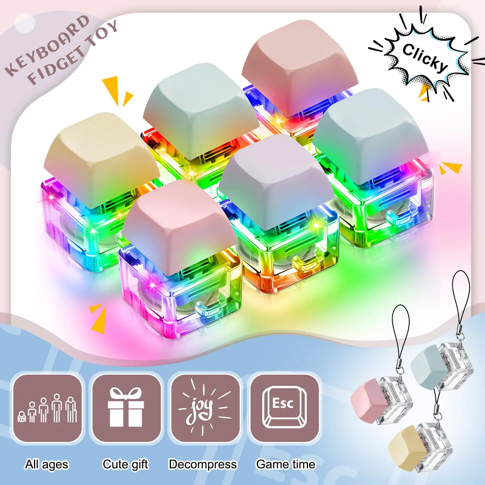 Wholesale Custom Keyboard Keycap Fidget Keychain Stress Relief Fidget Button Clicker with Light details