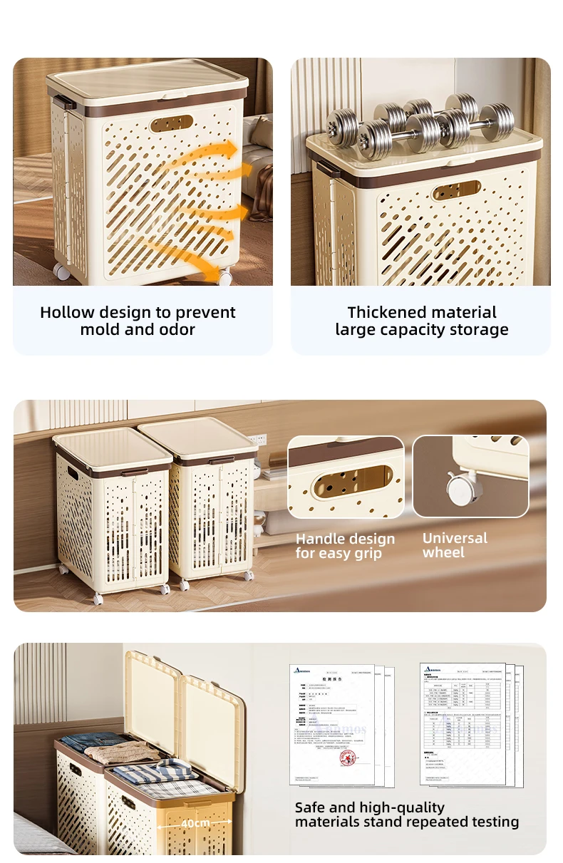 Wannuo 80L Large Capacity Laundry Basket Bathroom Breathable Plastic Collapsible Laundry Basket With Universal Wheel And Cover details