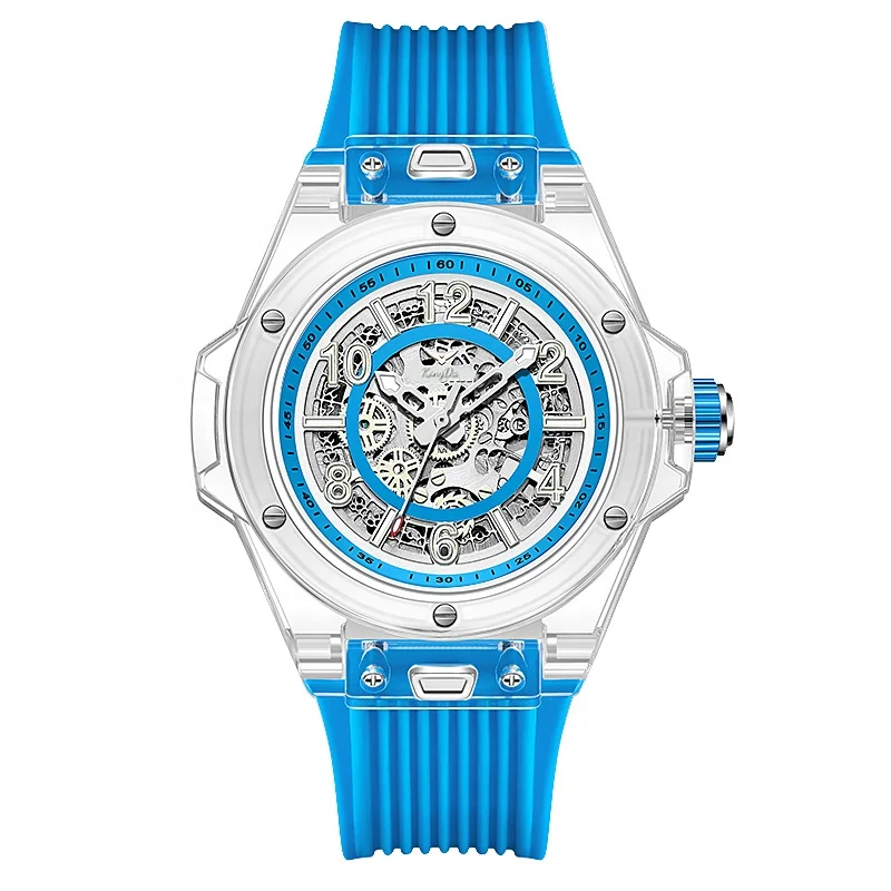 Transparent Plastic Case Mans Mechanical Outdoor Watch Skeleton Face Automatic Mechanism Silicone Watch Band