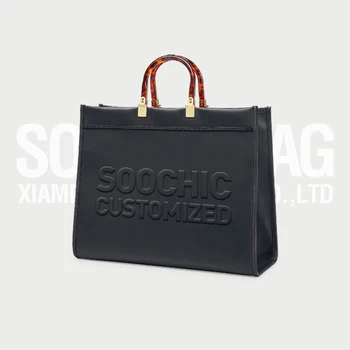 Customized Luxury Black Leather Square Purses with Shoulder Strap and Custom Embossed Logo Handbag