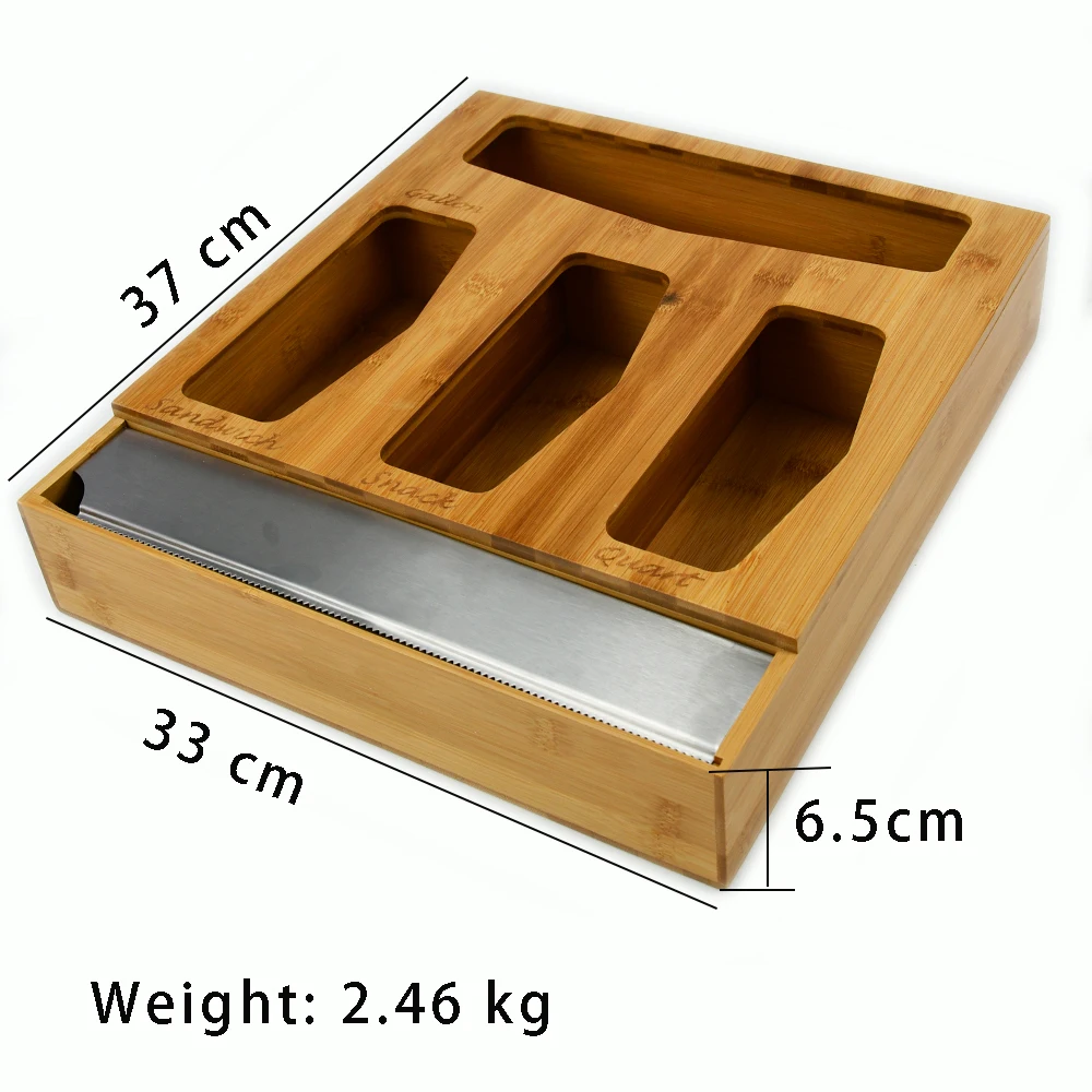 Wood Bamboo Ziplock Bag Storage Organizer for Kitchen Drawer Aluminum Foil Dispenser with serrated edge Cutter