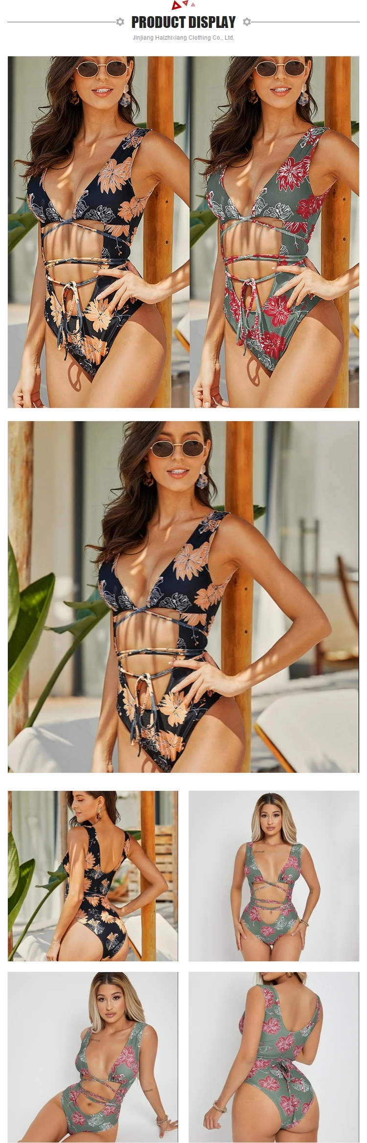 Pasuxi New Sexy Bikini Swimsuit V Neck Floral Print Bandage Lace