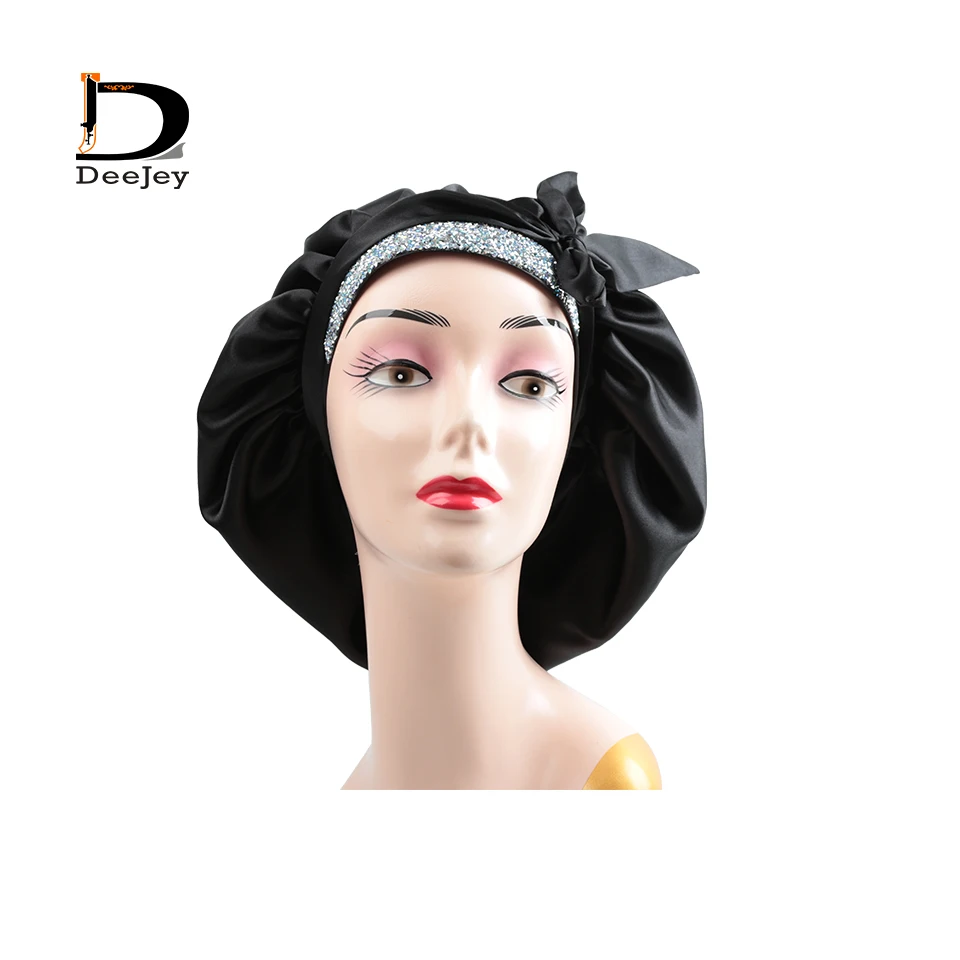 New Design Logo Custom Women Hair Diamond Blingbling Black Satin Bonnet  With Tie - Buy Woman Bonnets,Satin Bonnet,Design Bonnet Product on  