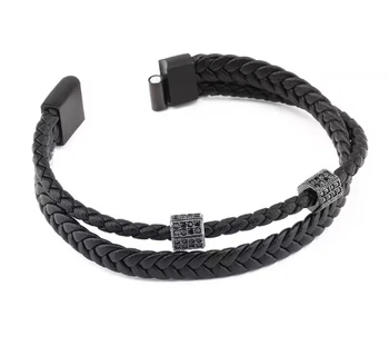 New Design Cross Multi-Layer Braided Leather Bracelet Stainless Steel Black Leather Bracelet With Diamonds For Men Jewelry