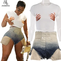 2023 Summer New Female Crop Print Top Matching Gradient Color Jean Shorts 2 Piece Women Streetwear Sets