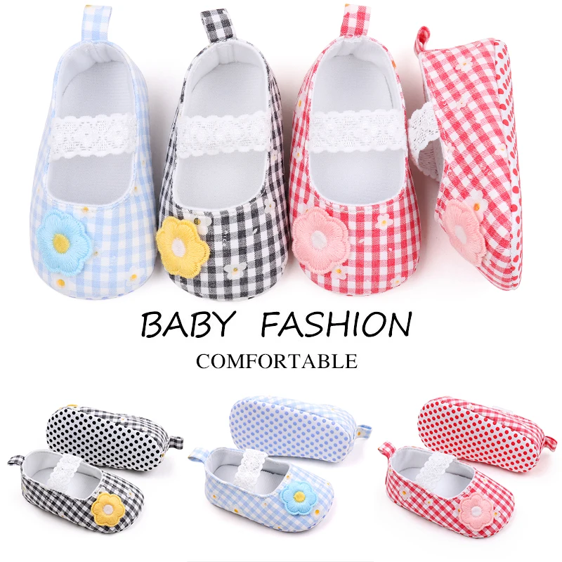 Fresh Plaid Solid Cute Little Flower Lace Elastic Baby Girls Princess Soft Soled Toddler Shoes factory