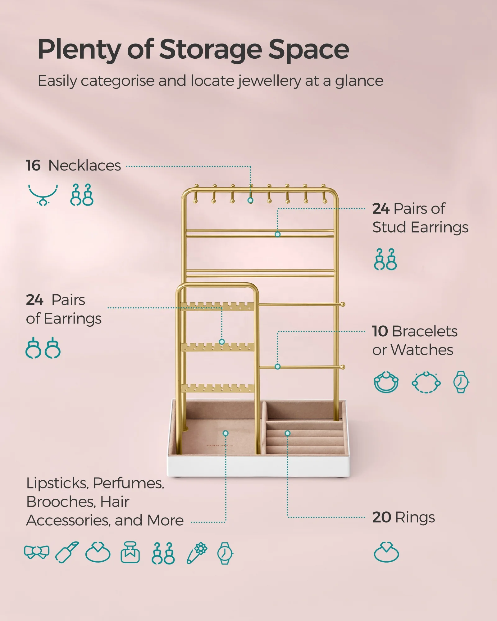 SONGMICS Jewelry Organiser Earring Bracelet Holder Necklace Stand for Studs Rings Jewelry Display Stand with Metal Frame and Vel