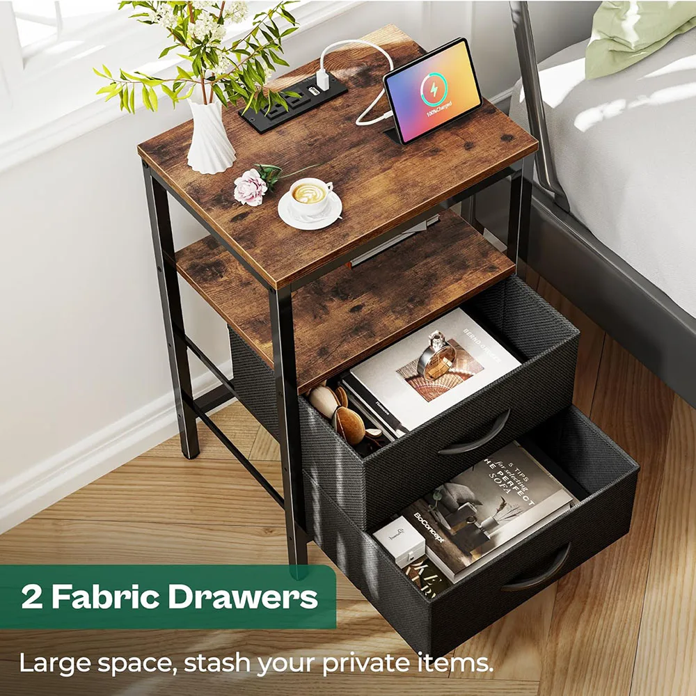 Modern Home Nightstand with Smart Charging Station Fabric Drawers Open Shelf USB Ports Outlets Wooden Panel Bedside Table supplier