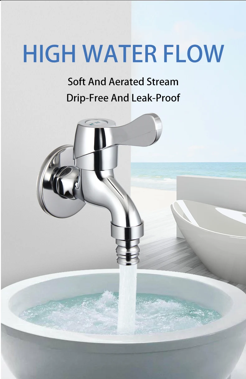 Brass Chrome-Plated Wall-mounted Ceramic Bib Cock Drinking Water Safe Washing Machine High Water Flow Soft Aerated Stream details