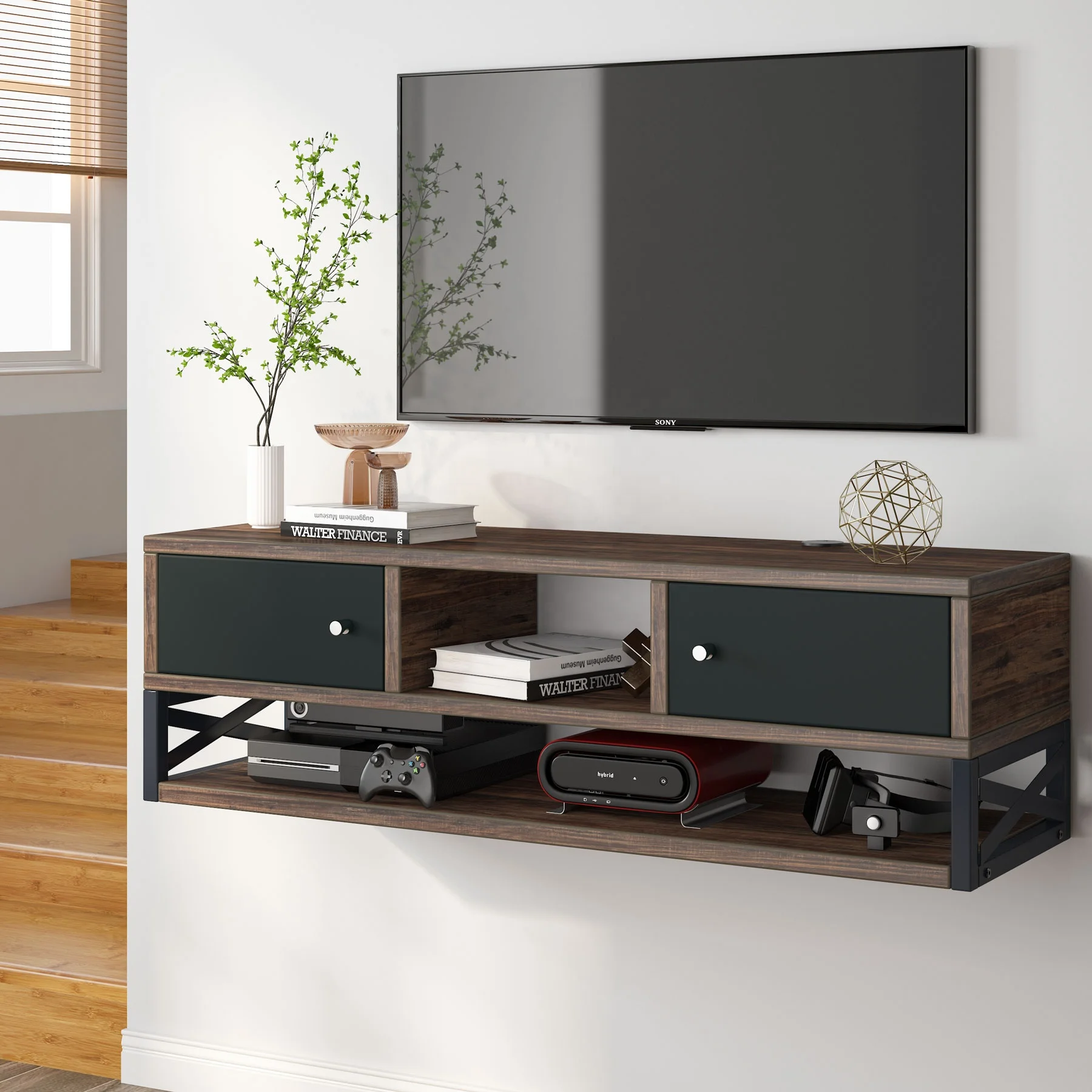 Tribesigns Floating TV Stand Wall Mounted Media Console with Doors Wall TV Shelf with Cabinet Wooden Wall Tv Stand